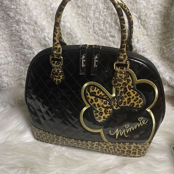 Loungefly Disney Minnie Mouse Dome Satchel synthetic patent black& leopard print - Picture 14 of 16